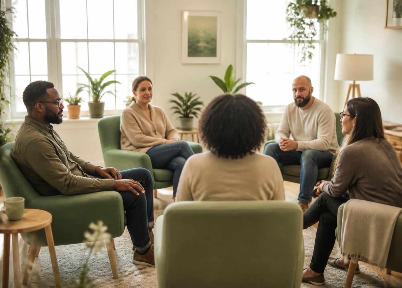Residents meeting together in a bright, comfortable living room