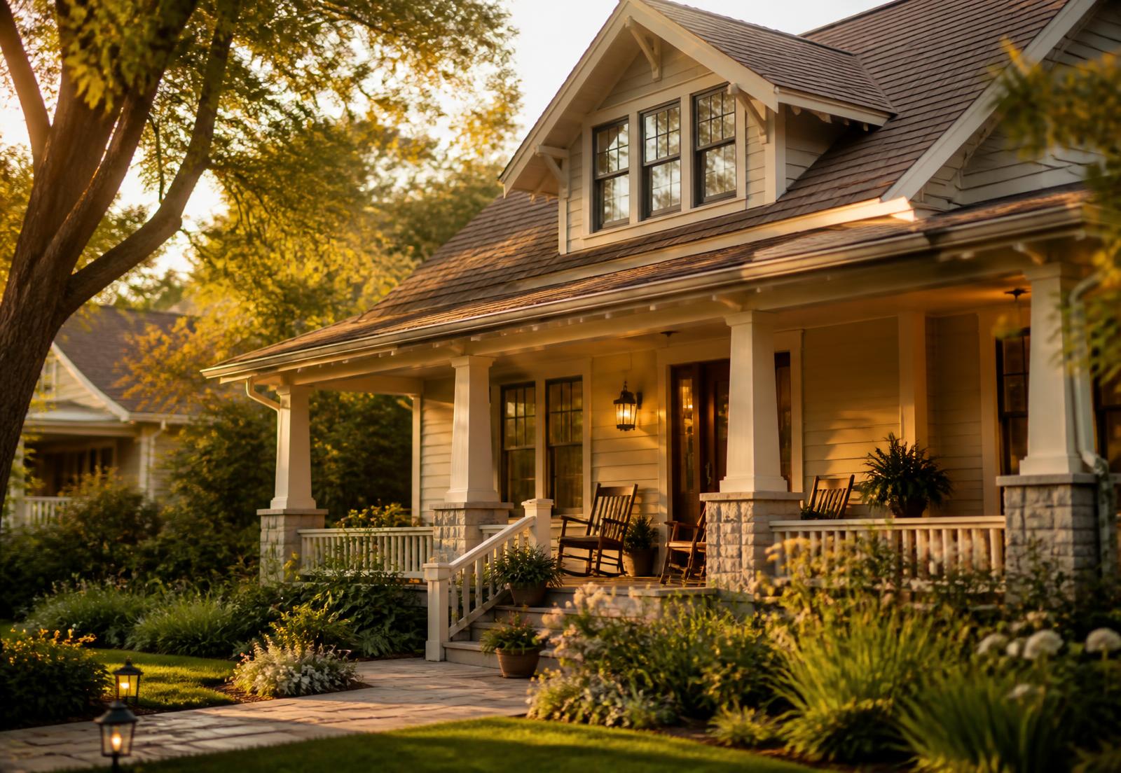 Welcoming residential home with a front porch at golden hour